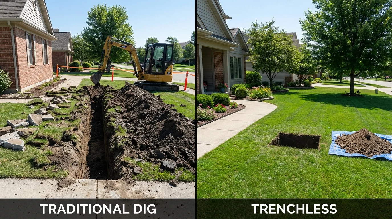 Trenchless sewer repair with minimal yard damage versus traditional excavation in Fayetteville, TN