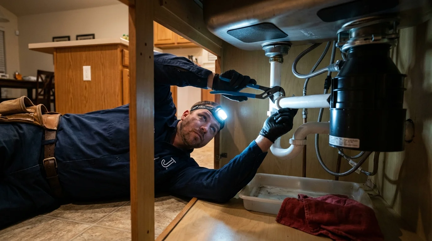 P-trap and supply line connections under a kitchen sink showing a common leak point in Fayetteville, TN